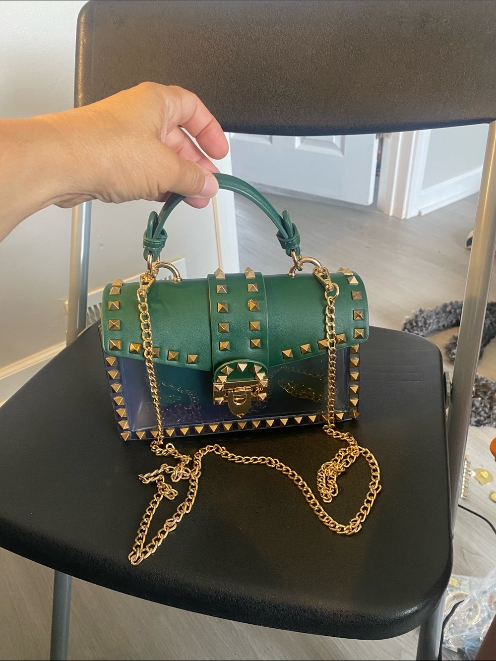 Green Stud-Embellished Chain Crossbody Bag